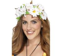 Smiffys Daisy Floral Headband, White , 1960's Groovy Fancy Dress, Hawaiian Dress Up Accessories