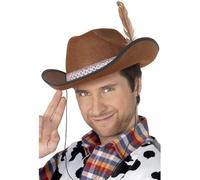 Smiffys Dallas Hat, Brown Felt with Feather, Cowboys and Indians Fancy Dress, Adult Dress Up Hats