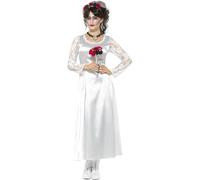 Smiffys Day of the Dead Bride Costume, White with Dress, Bouquet & Headband, Mexican Day of The Dead/Sugar Fancy Dress, Halloween Dress Up Costumes
