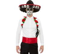 Smiffys Day Of The Dead Kit, Red with Sombrero, Holster & Cummerbund, Mexican Day of The Dead/Sugar Fancy Dress, Halloween Dress Up Accessories