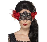 Smiffys Day of the Dead Lace Filigree Eyemask, Black with Roses & Feather, Eyemasks Fancy Dress, Adult Dress Up Eye masks