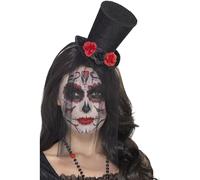 Smiffys Day of the Dead Mini Top Hat, Black on Headband, with Roses & Detachable Lace Veil, Mexican Day of The Dead/Sugar Fancy Dress, Adult Dress Up Hats