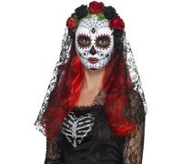 Smiffys Day of the Dead Senorita Mask, Full Face, Red & Bl with Roses & Veil, Eyemasks Fancy Dress, Halloween Dress Up Masks