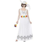 Smiffys Day of the Dead Skeleton Bride Costume, White with Dress, Hat & Bouquet, Mexican Day of The Dead/Sugar Fancy Dress, Halloween Dress Up Costumes