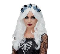 Smiffys Day of the Dead Wig, White with Flowers, Halloween Fancy Dress Accessory, Halloween Dress Up Wigs