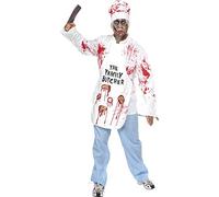 Smiffys Deadly Chef Costume, White with Jacket, Hat, Apron & Trousers, Halloween Zombie Alley Fancy Dress, Zombie Dress Up Costumes