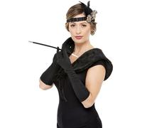 Smiffys Deluxe 20s Accessories Kit, Black & Gold Gloves, Cigarette Holder, Headband & Stole, 1920's Razzle Fancy Dress, 1920s Dress Up Accessories