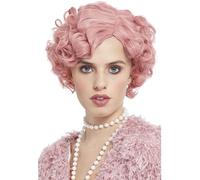 Smiffys Deluxe 20s Flirty Flapper Wig, Pastel Pink Short & Wavy, Heat Resistant/Styleable, 1920's Razzle Fancy Dress, 1920s Dress Up Wigs