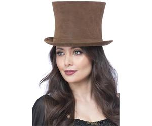 Smiffys Deluxe Authentic Victorian Top Hat, Brown Suede Look, Halloween Fancy Dress Accessory, Victorian Dress Up Hats