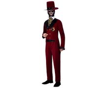 Smiffys Deluxe DOTD Sacred Heart Groom Costume, Burgundy Jacket, Mock Shirt, Trousers, Mask & Hat, Mexican Day of The Dead/Sugar Fancy Dress, Day of The Dead Lady Dress Up Costumes