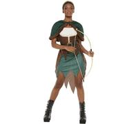 Smiffys Deluxe Forest Archer Costume, Green Dress & Hooded Cape, Historical Fancy Dress, Historical Dress Up Costumes