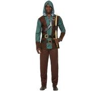 Smiffys Deluxe Forest Archer Costume, Green Hooded Top & Trousers, Historical Fancy Dress, Historical Dress Up Costumes