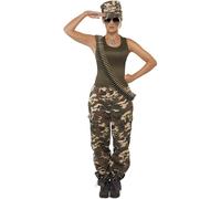 Smiffys Deluxe Khaki Camo Costume, Female, Khaki Green with Vest, Trousers & Hat, Land, Sea and Air Forces Fancy Dress, Army Dress Up Costumes