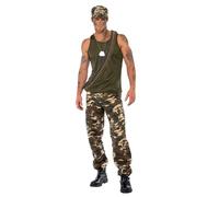 Smiffys Deluxe Khaki Camo Costume, Male, Khaki Green includes Vest, Trousers & Hat, Land, Sea and Air Forces Fancy Dress, Adult Dress Up Costumes