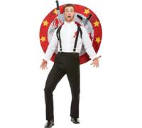Smiffys Deluxe Knife Thrower Costume, Red & White with Shirt, Braces, Target Board & Fake Knives with hook & loop fastening, Circus Fancy Dress, Jester Dress Up Costumes