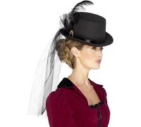 Smiffys Deluxe Ladies Victorian Top Hat Black Fancy Dress Hat with Veil Feathers