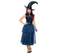 Smiffys Deluxe Midnight Witch Costume, Blue with Dress, Belt, Lenticular 3D Print Brooch & Hat, Halloween Adult Fancy Dress, Witch Dress Up Costumes