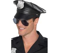 Smiffys Deluxe Police Hat, Black Faux Leather, Cops & Robbers Fancy Dress, Cops and Robbers Dress Up Hats