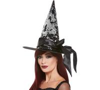 Smiffys Deluxe Reversible Sequin Witch Hat, Black & Silver with Satin Bow, Halloween Fancy Dress Accessory, Witch Dress Up Hats