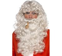 Smiffys Deluxe Santa Dress Up Kit, Grey, Authentic Christmas Fancy Dress Accessory Set with Wig, Beard, Glasses & Pipe, Completing Your Santa Costume, Santa Dress Up