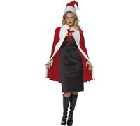 Smiffys Deluxe Santa Kit for Women, Red & White Christmas Fancy Dress Set with Luxury Velvet Cape and Santa Hat, Festive Miss Santa Accessory Kit for Holiday Parties, Events & Xmas Costumes, one size