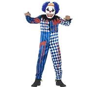 Smiffys Deluxe Sinister Clown Costume, Blue with Jumpsuit, EVA Mask, Attached Brain & Hair, Halloween Child Fancy Dress, Clown Dress Up Costumes