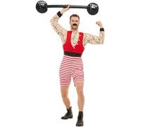 Smiffys Deluxe Strongman Costume, Red & White with Short Jumpsuit & Moustache, Circus Fancy Dress, Adult Dress Up Costumes