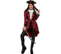 Smiffys Deluxe Swashbuckler Pirate Costume, Burgundy Jacket, Leggings, Neck Ruffle & Hat, Pirate Fancy Dress, Pirate Dress Up Costumes