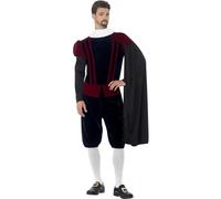 Smiffys Deluxe Tudor Lord Costume, Black with Top, Trousers, Cape & Neck Ruffle, Historical Fancy Dress, Adult Dress Up Costumes