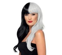 Smiffys Deluxe Wig, Half & Half With Fringe, Black & Grey Heat Resistant/Styleable, Ladies Glamour Wigs Fancy Dress, Halloween Dress Up Wigs, World Book Day