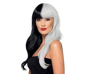 Smiffys Deluxe Wig, Half & Half With Fringe, Black & Grey Heat Resistant/Styleable, Ladies Glamour Wigs Fancy Dress, Halloween Dress Up Wigs