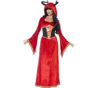 Smiffys Demonic Queen Costume, Red with Dress & Attached Horns, Halloween Adult Fancy Dress, Demon Dress Up Costumes