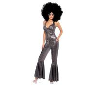 Smiffys Disco Diva Costume, Silver Flared Jumpsuit, 1970's Disco Fancy Dress, Adult Dress Up Costumes