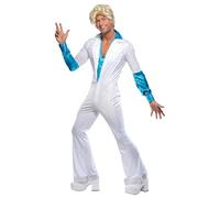 Smiffys Disco Man Costume, All in One, White Jumpsuit with Attached Shirt, 1970s Style, 1970's Disco Fancy Dress, Adult Dress Up Costumes
