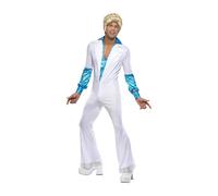 Smiffys Disco Man Costume, All in One, White Jumpsuit with Attached Shirt, 1970s Style, 1970's Disco Fancy Dress, Adult Dress Up Costumes