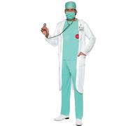 Smiffys Doctor Costume, Green Top, Trousers, Hat, Mask, Clear Name Tag & Coat, Hospital Fancy Dress, Adult Dress Up Costumes