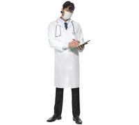 Smiffys Doctor's Costume, White with Long Coat & Mask, Hospital Fancy Dress, Adult Dress Up Costumes