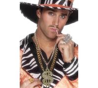 Smiffys Dollar Sign Medallion, Large, Gold on Chain, 1970's Disco Fancy Dress, 1970s Disco Dress Up Jewellery Halloween