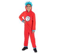 Smiffys Dr Seuss Thing 1 & Thing 2 Kids Costume, Official Licensed Cat in the Hat Fancy Dress with Red Jumpsuit, Blue Headpiece & Interchangeable Badges, Children’s Book Character Outfit age 7-9