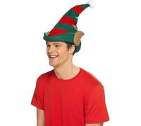 Elf Hat, Red & Green, With Ears - elf hat christmas fancy dress costume adult helper mens accessory