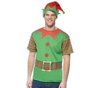 Smiffys Elf Instant Kit, Green with T-Shirt & Hat, Christmas Adult Fancy Dress, Elf Dress Up Costumes Halloween