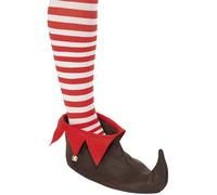 Smiffys Elf Shoes with Bells, Brown Christmas Fancy Dress Costume Accessory for Adults & Teens, One Size Elf Shoe Covers with Red Trim and Jingle Bells, Christmas Parties & Santa’s Helper Outfits