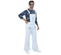 Smiffys Elton John Dungarees Costume for Men, White Flared Dungarees and Star Print Top, Official Music Icon Fancy Dress Outfit for 70s Themed Parties, Festivals, Stage Performances XL