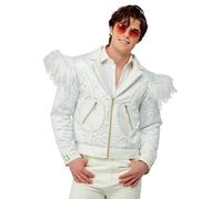Smiffys Elton John Feather Jacket for Adults, Quilted Jacket with Feather Shoulders, White, Officially Licensed, Ideal for Music-Themed Fancy Dress with Feather Embellishments Halloween