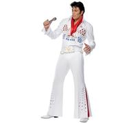 Smiffys Elvis American Eagle Costume in White for Adults, Jumpsuit, Belt, and Scarf, Officially Licensed, Sequin Detail and Red Insert, Perfect for Music-Themed Fancy Dress Halloween