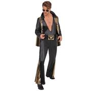 Smiffys Elvis Black Jumpsuit Costume for Adults Officially Licensed All In One Outfit with Cape Gold Detail Fancy Dress for Music Icons 70s Rock and Roll Parties Halloween, X-Large