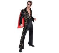 Smiffys Elvis Black Rhinestone Costume for Men, Official Licensed Rock &Roll Outfit, Black Printed Jumpsuit, Sparkling Rhinestone Detail, Red Cape, 70s Icon Fancy Dress for Halloween & Parties