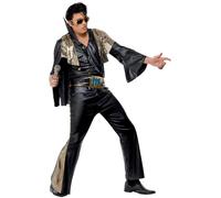 Smiffys Elvis Costume in Black and Gold for Adults, Shirt, Trousers, Cape, and Belt, Officially Licensed, Black Flared Trousers with Gold Insert, Ideal for Matching Music-Themed Fancy Dress