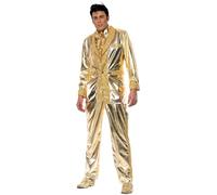 Smiffys Elvis Costume in Gold for Adults, Jacket, Shirt Front, and Trousers, Officially Licensed, Gold Jacket with Lapel Detail and Ruffle Shirt Front, Ideal for Music-Themed Events Halloween