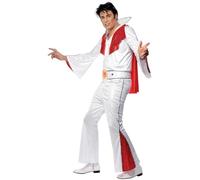 Smiffys Elvis Costume in White and Red for Adults, Shirt, Trousers, Cape, and Belt, Officially Licensed, Flared Sleeves and Red Cape, Perfect for Matching Fancy Dress Events